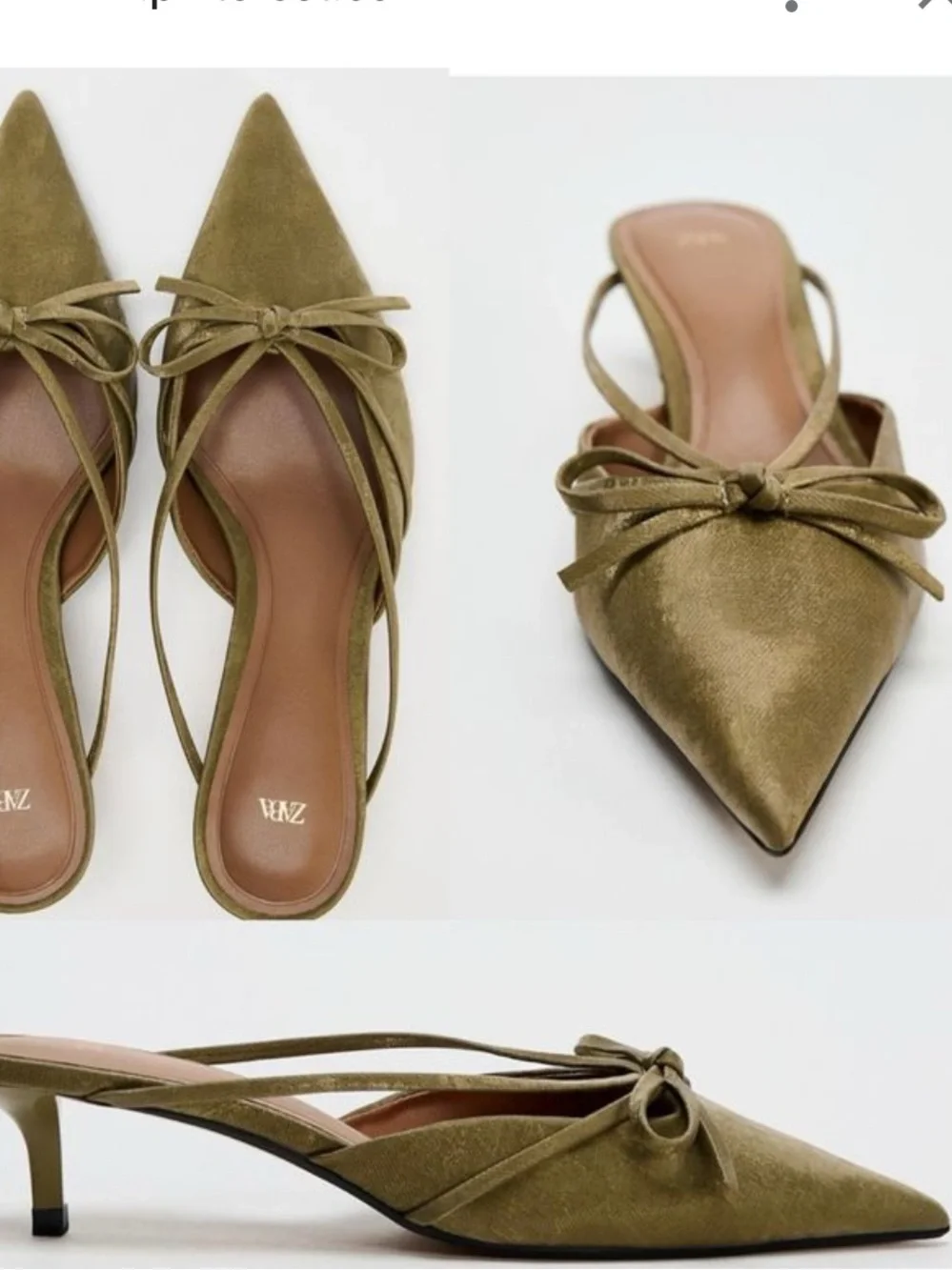 ZARA Olive Green Pointed Toe Bow kittenheel mules 40